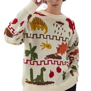 Dinosaur Jacquard Unisex Ivory Knit Sweater, Size M/L